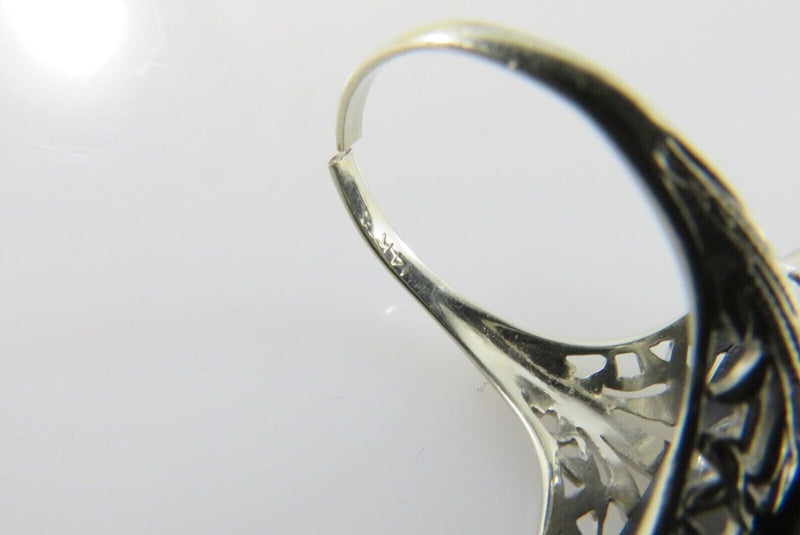 Art Deco 14K White Gold Onyx Plaque Eastern Star Filigree Ring Size 4