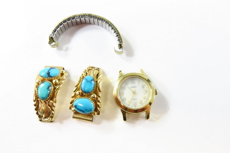 Navajo 14K Turquoise Watch Tips George & Nusie Henry Timex Quartz Watch product image for Just Stuff I Sell, clear front view, neutral background, original listing photo, optimized descriptive alt text, centered composition variant 8