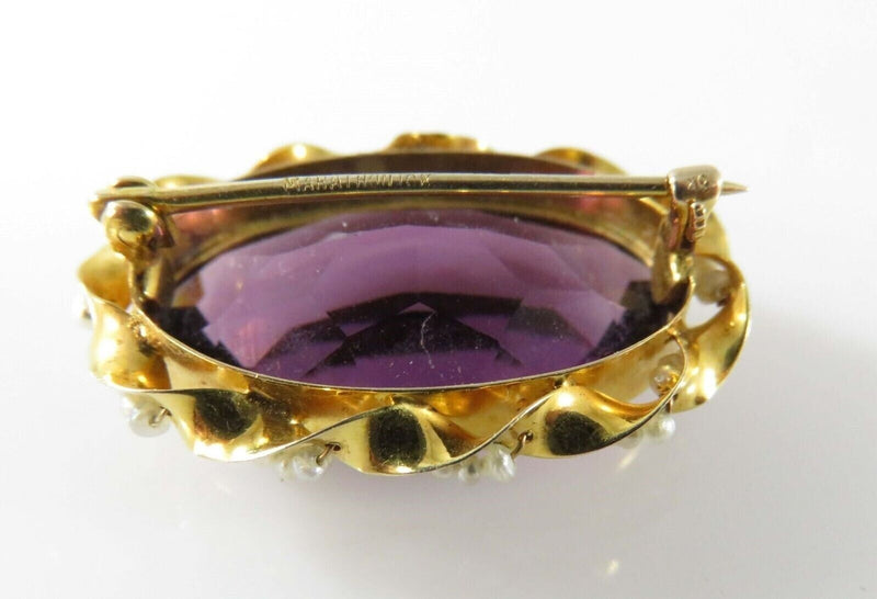 Art Nouveau Style 10K Seed Pearl Wrapped Purple Glass Brooch Pin by Marathon