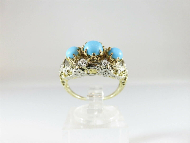 Antique 14K Yellow White Filigree Turquoise Diamond Art Nouveau Ring Size 4.75 product image for Just Stuff I Sell, clear front view, neutral background, original listing photo, optimized descriptive alt text, centered composition