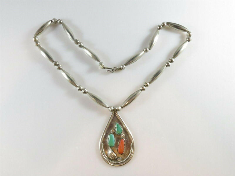 Tsethlikai Jo. Zuni Sterling Silver Coral Turquoise Bench Made Sterling Necklace