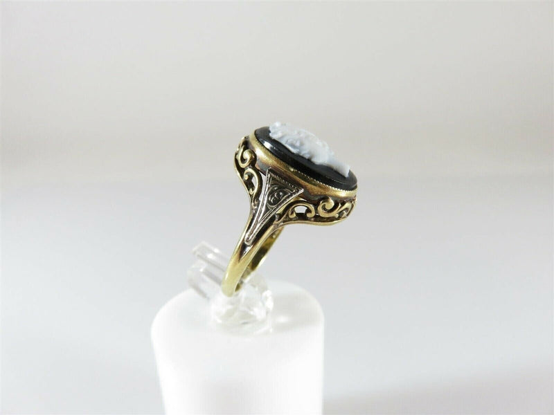 Antique 14K Gold Onyx Cameo Ring Art Nouveau Edwardian Style Size 5.5