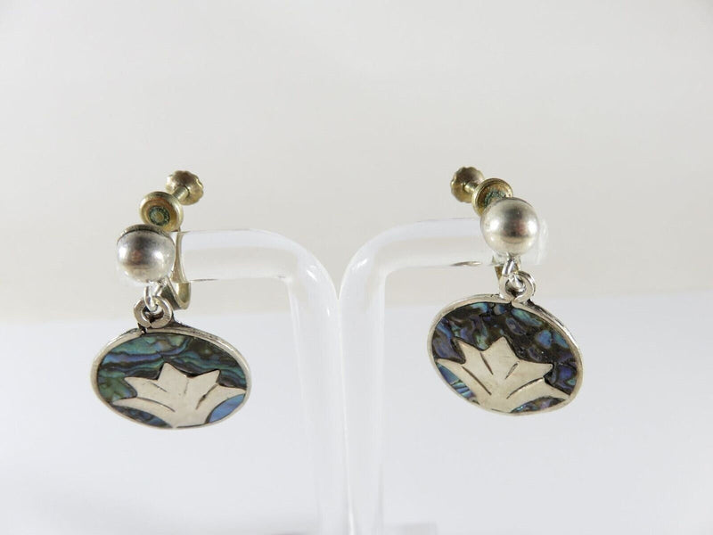 Figural Palm Leaf Disc Abalone & Sterling Taxco Mexico VKE Silver Screw Back Earrings product image for Just Stuff I Sell, clear front view, neutral background, original listing photo, optimized descriptive alt text, centered composition variant 4