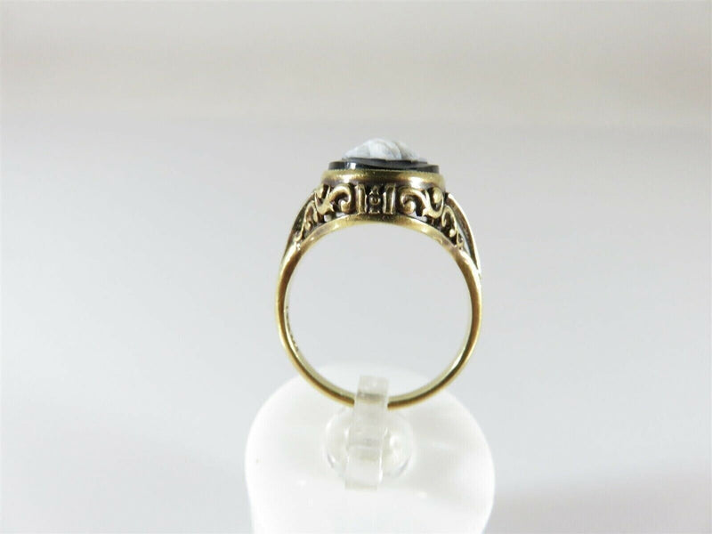 Antique 14K Gold Onyx Cameo Ring Art Nouveau Edwardian Style Size 5.5