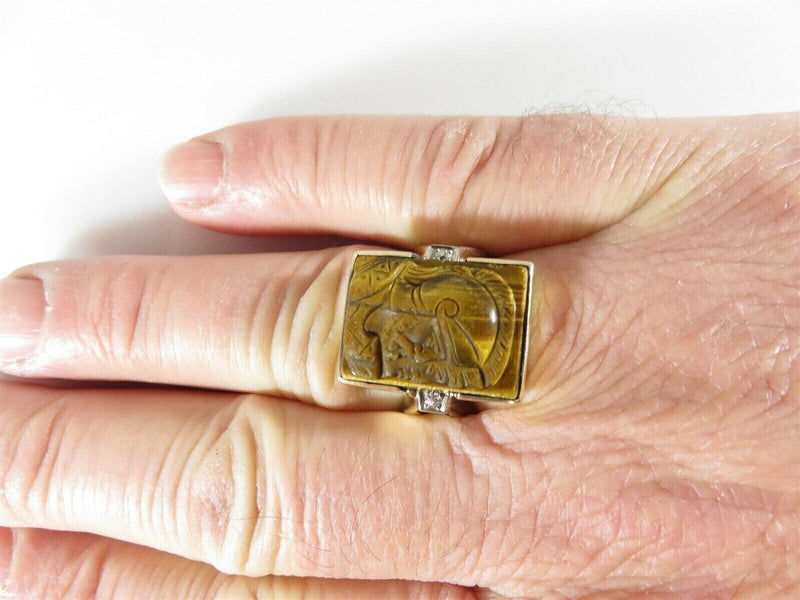 Carved Roman Soldiers In Profile 10K Gold Tigers Eye Diamond Ring Size 11.5 product image for Just Stuff I Sell, clear front view, neutral background, original listing photo, optimized descriptive alt text, centered composition variant 7