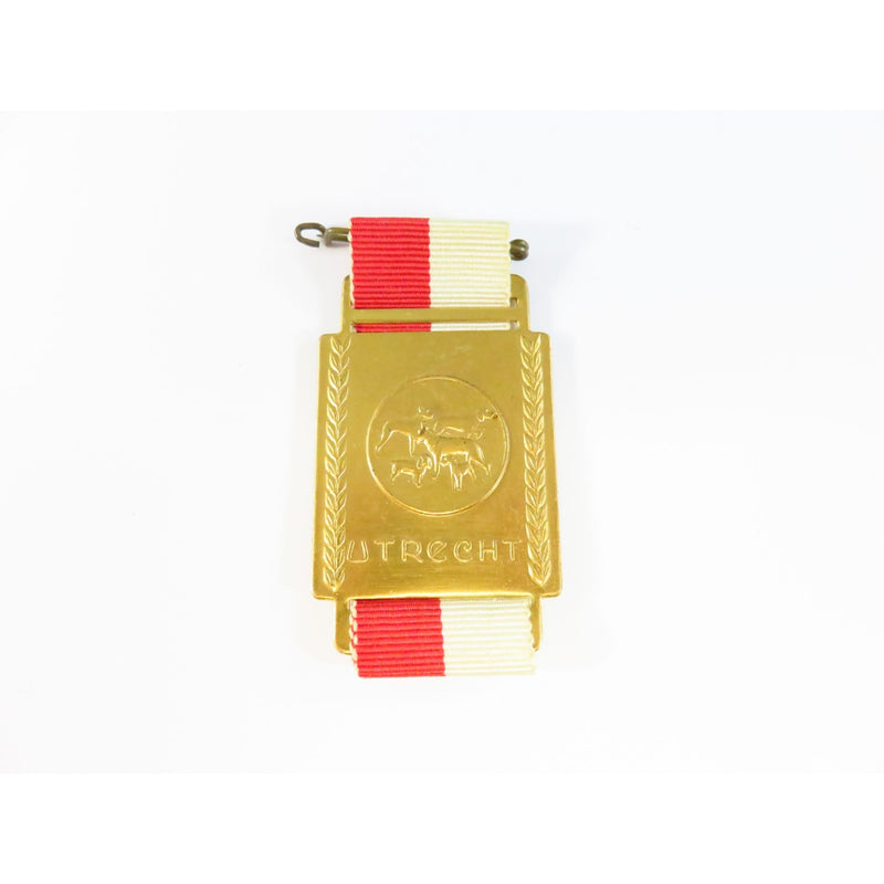 Vintage Utrecht Dog Show Medal With Red & White Ribbon Gold Tone Base Metal 2.5" High x 1.375" Wide