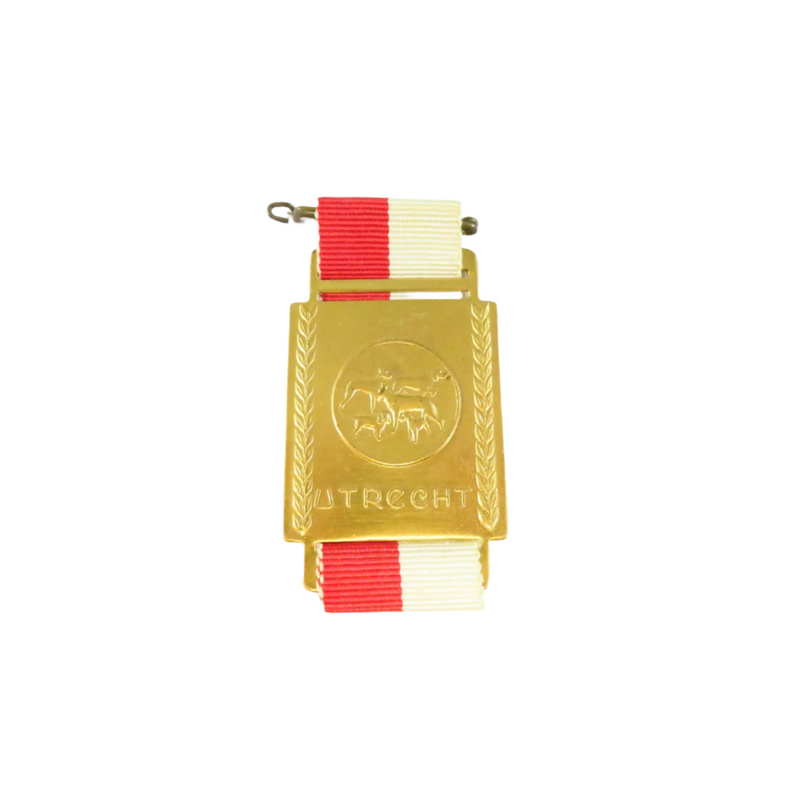 Vintage Utrecht Dog Show Medal With Red & White Ribbon Gold Tone Base Metal 2.5" High x 1.375" Wide — Gold — front view