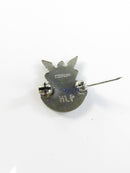 Reverse of sterling Navy service pin showing HLP mark and locking safety catch