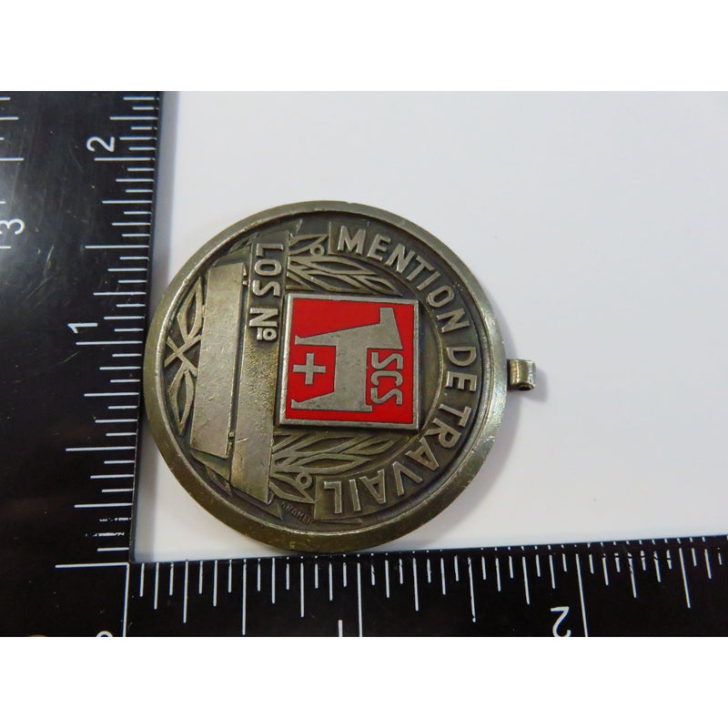 Swiss SCS Mention De Travail Dog Medal By Paul Kramer Neuchatel Silver Tone Red Enamel Round 1 3/4"