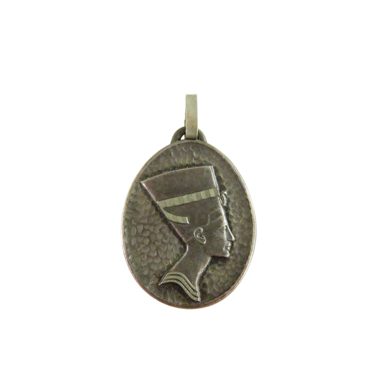 Egyptian Queen Nefertiti Oval Medallion Pendant Charm Silver Tone Metal