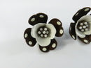 Vintage 1960s Brown White Polka Dot Enamel Flower Brooch and Clip On Earrings Set Mid-Century Costume Jewelry 3 5/8 Inch