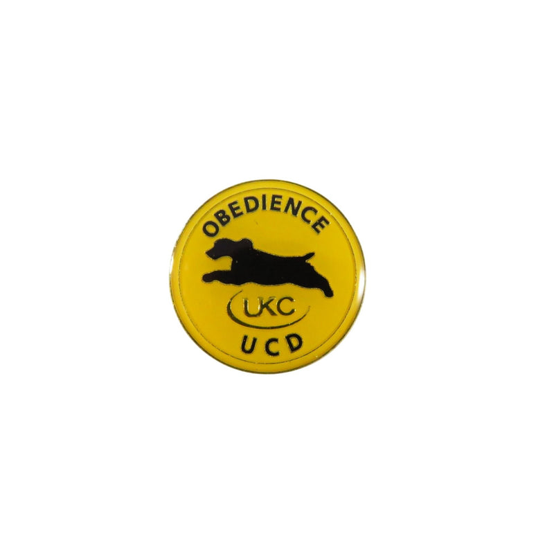 Obedience UCD UKC Award Lapel Hat Pin Yellow & Black Gold Tone 1" Round