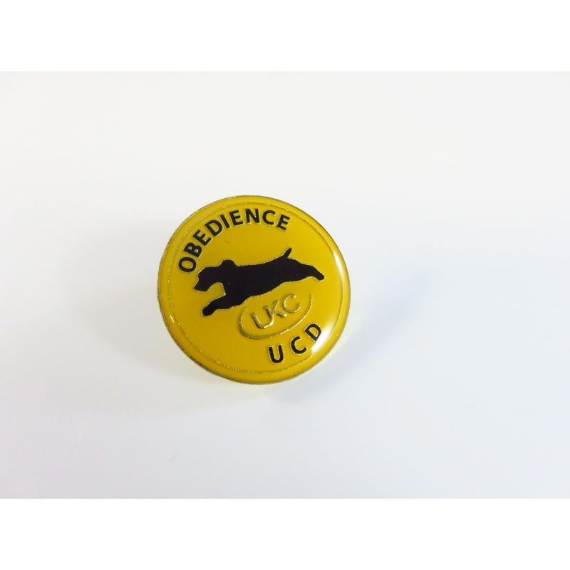 Obedience UCD UKC Award Lapel Hat Pin Yellow & Black Gold Tone 1" Round