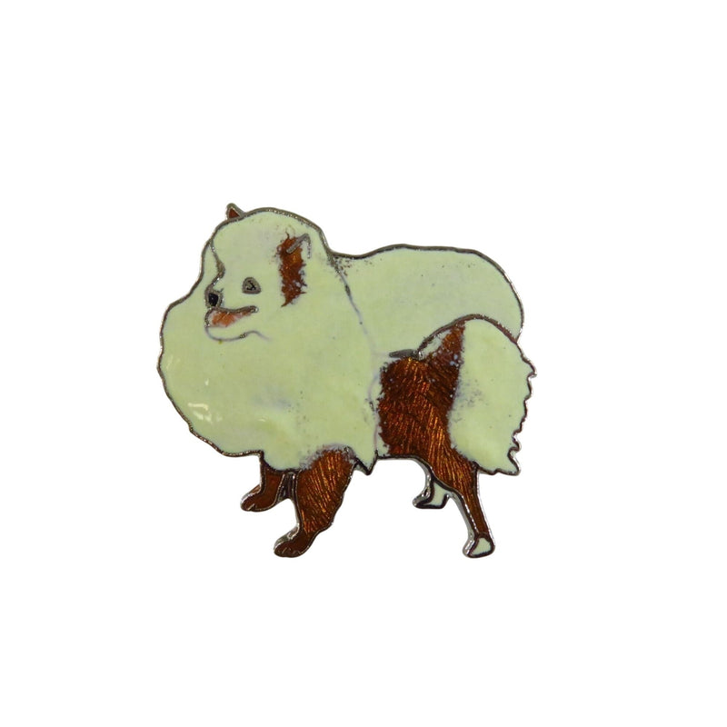 Vintage Pomeranian Dog Enamel Lapel Pin 1 3/8" Silver Tone Brown & Off White Base Metal — Silver, Enamel — front view