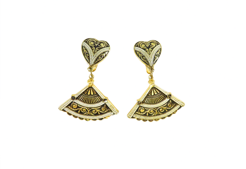 Vintage Style Damascene Fan Form Clip Earrings Gold Gilt Black White