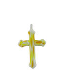 Vintage Hand Blown Art Glass Cross Pendant Yellow Orange and Opaque White Lampwork with Clear Glass Hanging Loop