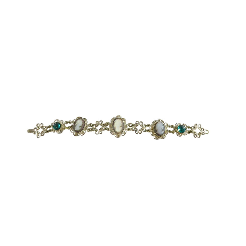 Carved Mother Of Pearl Cameos & Rose Cut Green Glass Vintage Silver Tone Bracelet — Silver • Pearl — front view