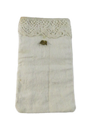 Vintage eyeglass pouch, heavy cloth with cherub brass-tone appliqué, approx. 6 1/2" x 3 1/2" — front view