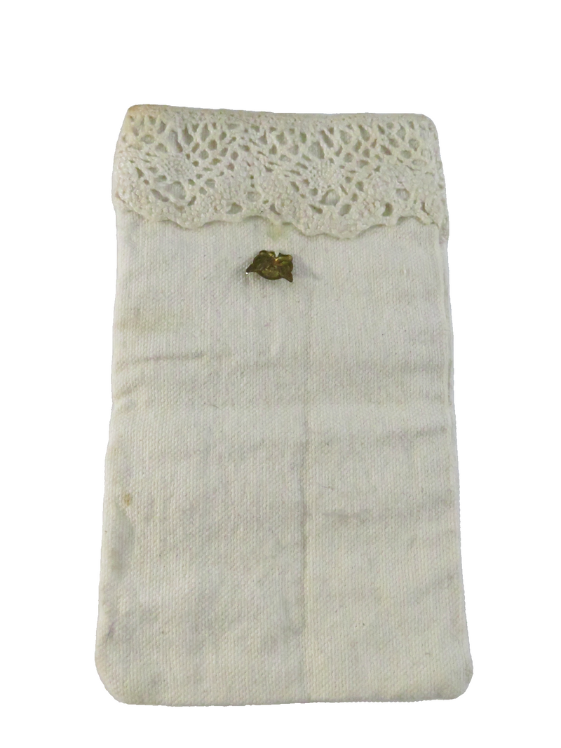 Vintage eyeglass pouch, heavy cloth with cherub brass-tone appliqué, approx. 6 1/2" x 3 1/2" — front view