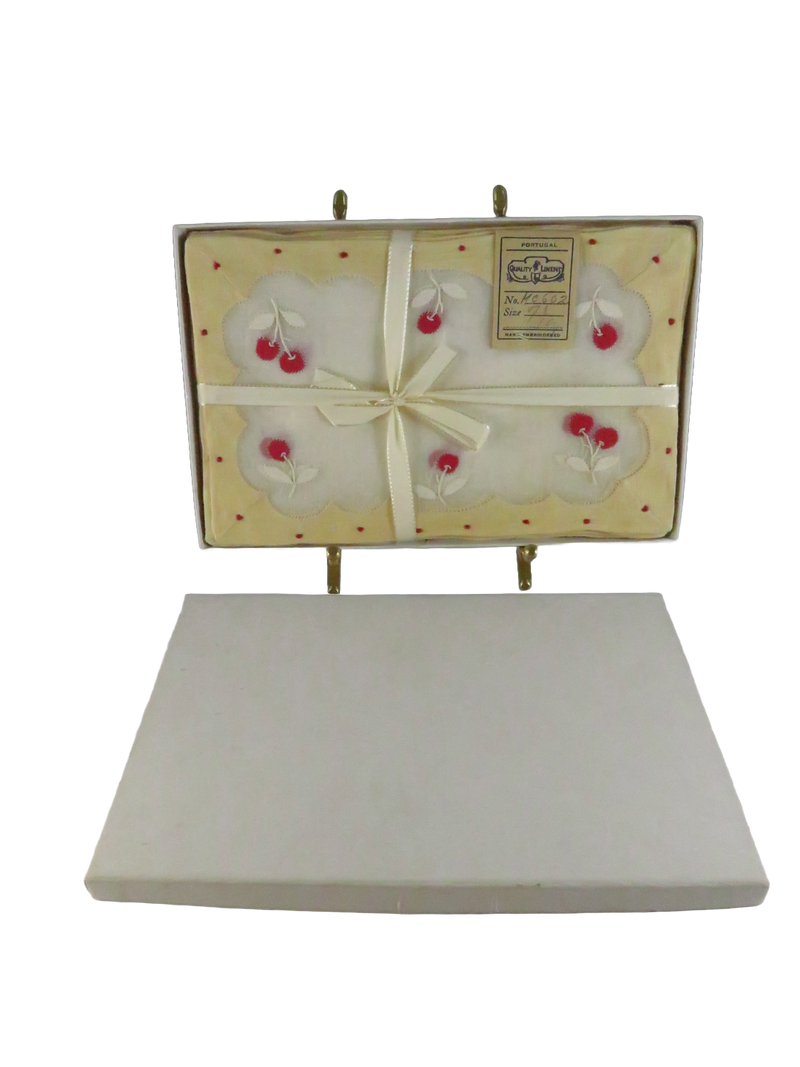Leacock Madeira Hand Embroidery Sheer Linen Cocktail Napkins – Cherries Motif – Boxed Set of 12 (Portugal) — front view