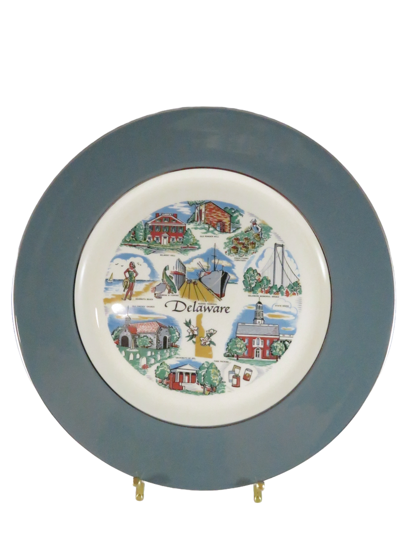 Delaware Souvenir Plate – State Landmarks Triomphe USA Gray Border 10¾”