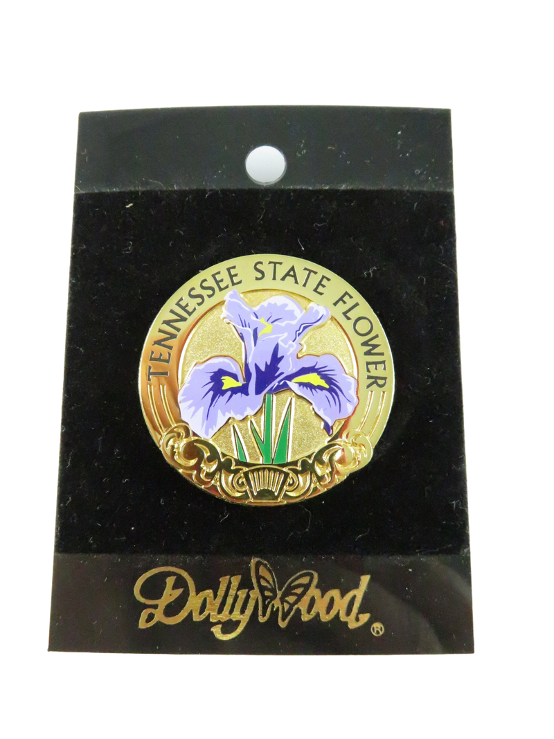 Dollywood Tennessee State Flower Iris Enamel Pin on Original Card 1.5 Inch Souvenir Collectible Badge