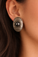Clip On Earrings Silver Tone Oval Faux Hematite Cabochon Tribal Etched Native American Style