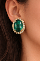 Kirk's Folly Signed Emerald Green Glass Oval with Clear Rhinestone Halo Gold Tone Clip On Earrings Pair