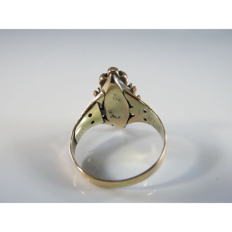 Antique 14K Rose Gold Navette Ring With Seed Pearl Accents & Missing Stone Size 4.5 For Women