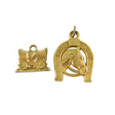 Vintage Gold Tone Good Luck Horse Shoe & Covered Wagon FOBS — Gold — front view