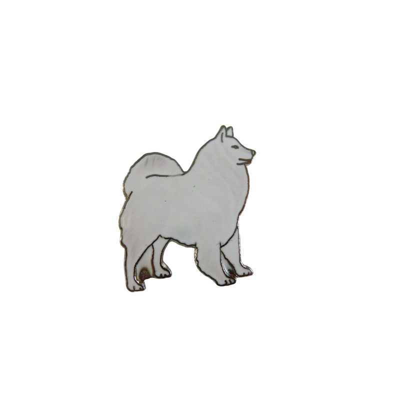 Samoyed Dog Lapel Hat Pin Silver Tone White Enamel Light Wear 1.25 Inch High Base Metal Enamel Imperfections