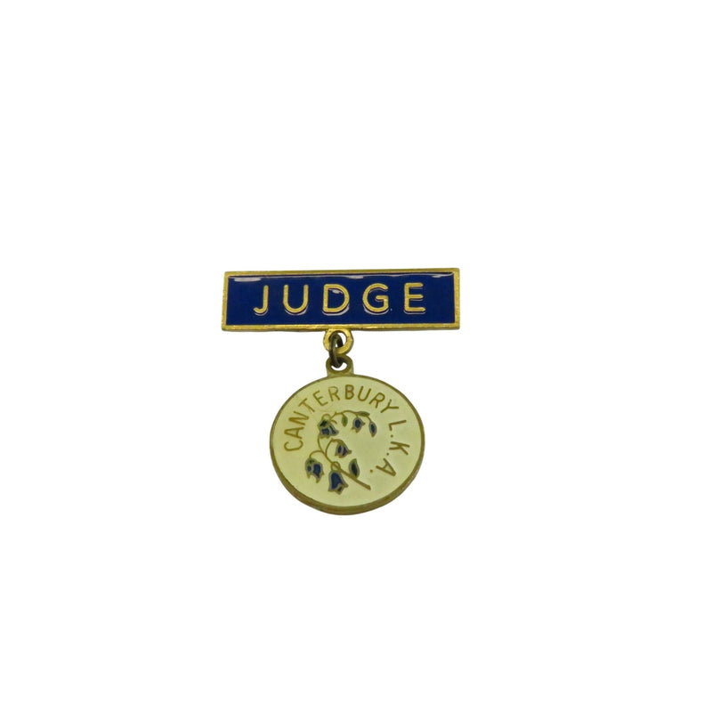 Vintage Canterbury L.K.A. Judge Badge Gold Tone Blue & White Enamel 2-Piece Moller & Young — Gold, Enamel — front view