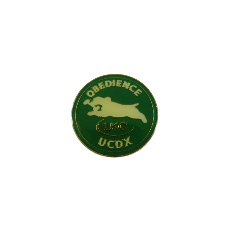 UKC Obedience UCDX Award Lapel Hat Pin 1" Round Gold Tone Green & White — Gold — front view