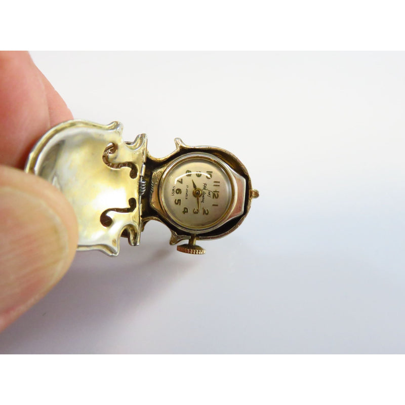 Saks Fifth Avenue 17 Jewel Mechanical Watch Brooch Cello Form Gold Tone for Restoration or Parts