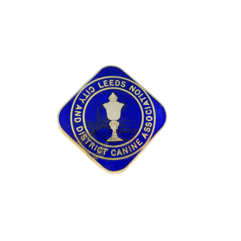 Leeds City & District Canine Association Lapel Pin Gold Tone Blue Enamel Diamond Shaped 1 9/16" High Vintage Collectible