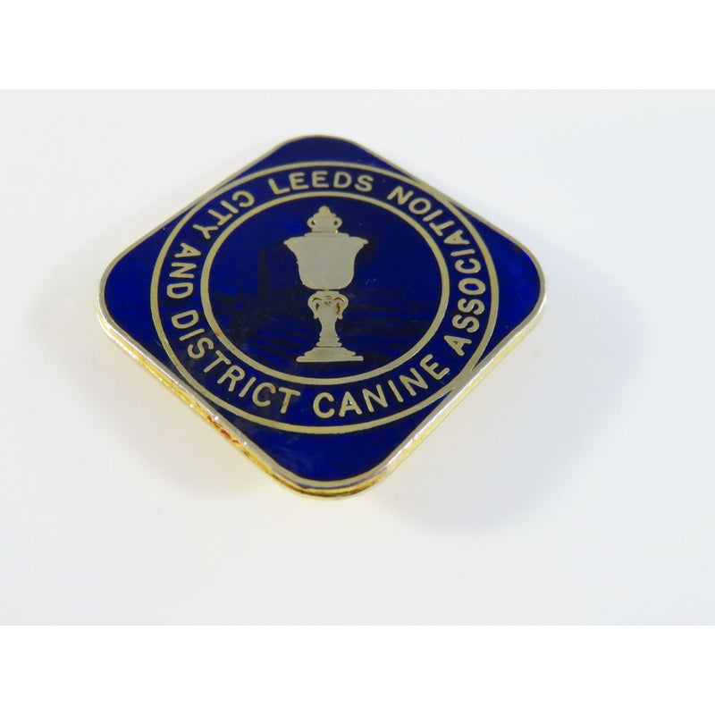 Leeds City & District Canine Association Lapel Pin Gold Tone Blue Enamel Diamond Shaped 1 9/16" High Vintage Collectible