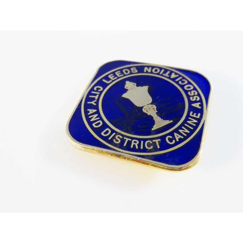 Leeds City & District Canine Association Lapel Pin Gold Tone Blue Enamel Diamond Shaped 1 9/16" High Vintage Collectible