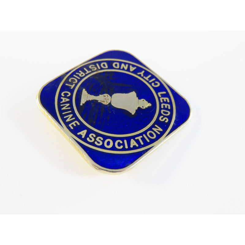 Leeds City & District Canine Association Lapel Pin Gold Tone Blue Enamel Diamond Shaped 1 9/16" High Vintage Collectible