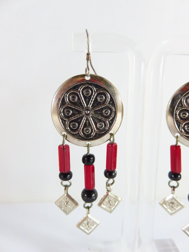 Pre-owned Shield Earrings with 3 Dangling Accents 2 1/2" Sterling Wire Hoods