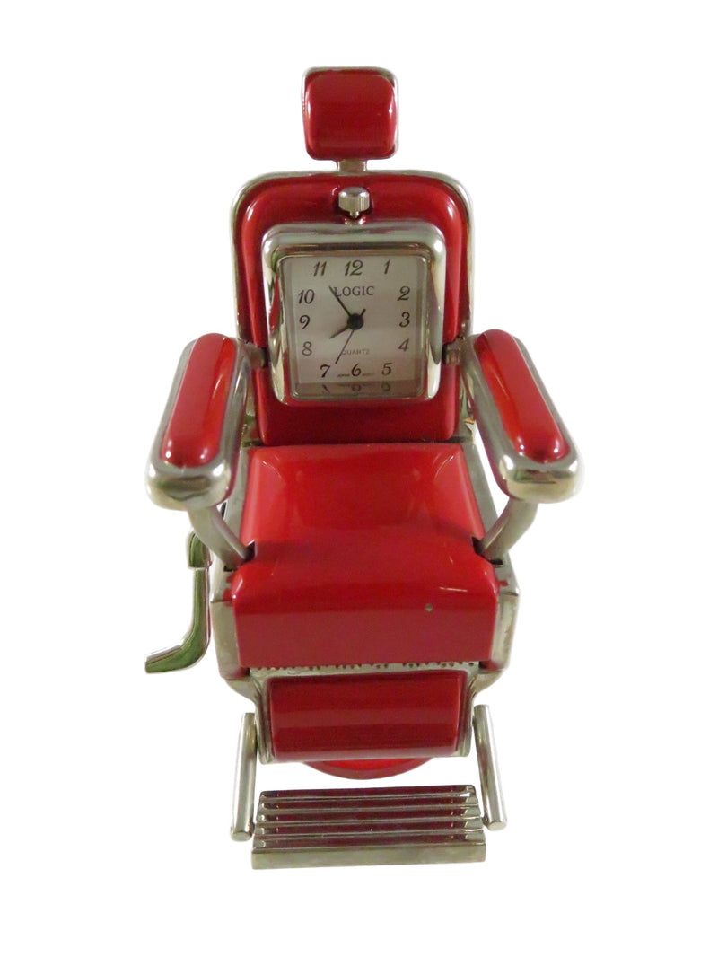 Vintage TWC Co Logic Quartz Miniature Barber Chair Clock Japan Red Enamel Novelty Collectible
