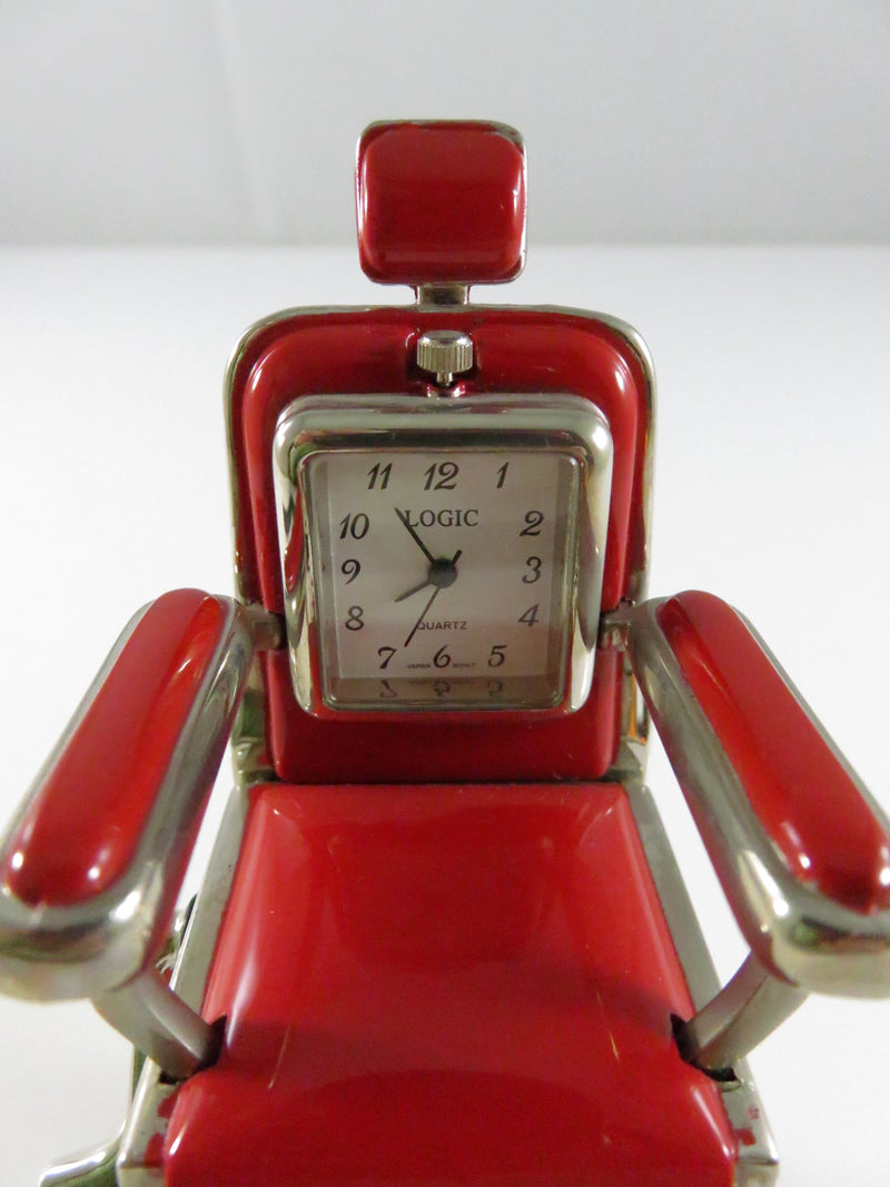 Vintage TWC Co Logic Quartz Miniature Barber Chair Clock Japan Red Enamel Novelty Collectible