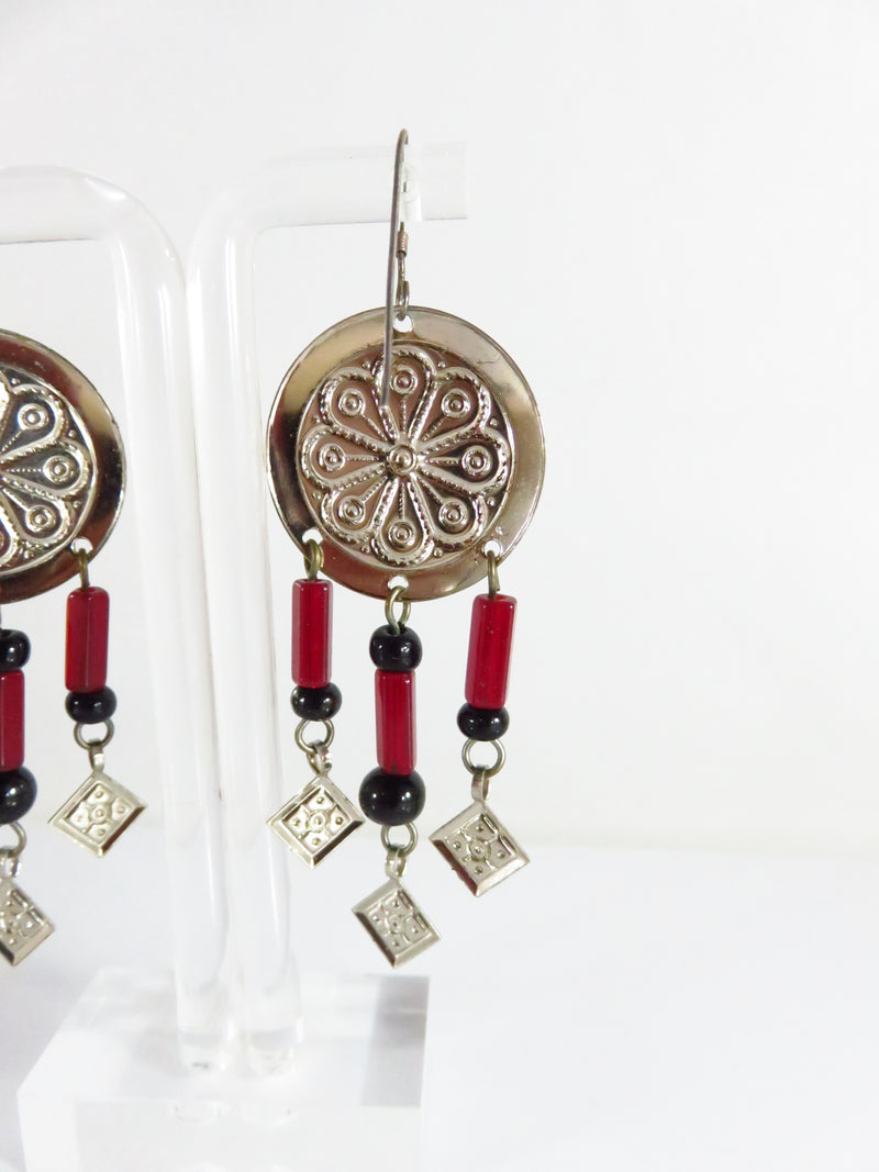 Pre-owned Shield Earrings with 3 Dangling Accents 2 1/2" Sterling Wire Hoods