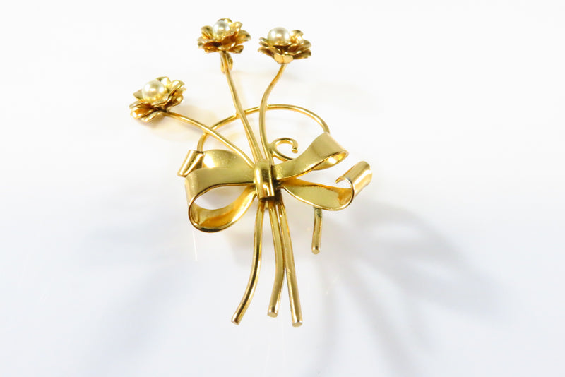 Coro Gold Gilded Vintage Triple Flower Brooch Faux Pearl Large 3 1/8" x 1 5/8"