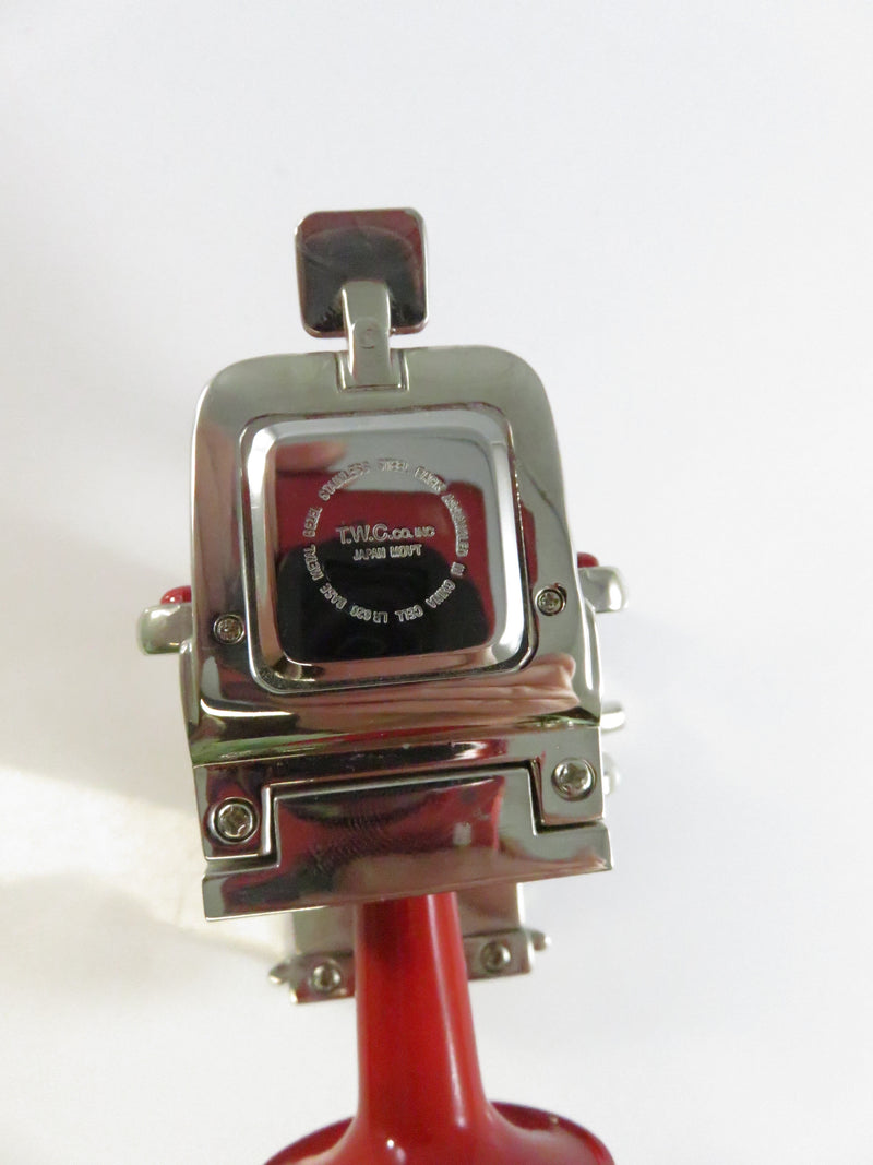 Vintage TWC Co Logic Quartz Miniature Barber Chair Clock Japan Red Enamel Novelty Collectible