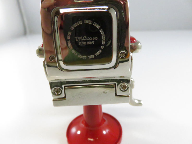 Vintage TWC Co Logic Quartz Miniature Barber Chair Clock Japan Red Enamel Novelty Collectible