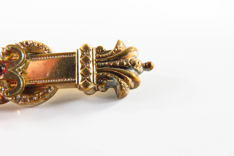 Rose Gold Gilded Brass Victorian Collar Bar Pin Brooch Red Garnet Glass Accented
