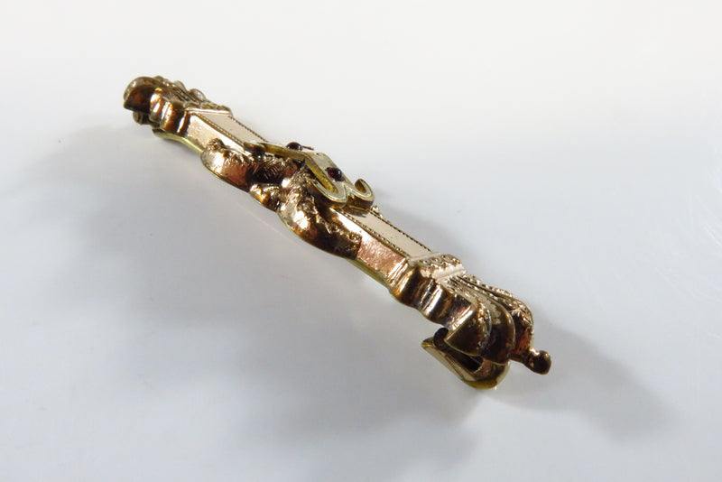 Rose Gold Gilded Brass Victorian Collar Bar Pin Brooch Red Garnet Glass Accented