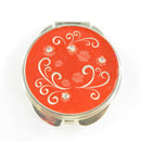 Vintage Bedazzled Red, Swirls, Silver Round Mirror Compact 2 3/8" — Silver — front view