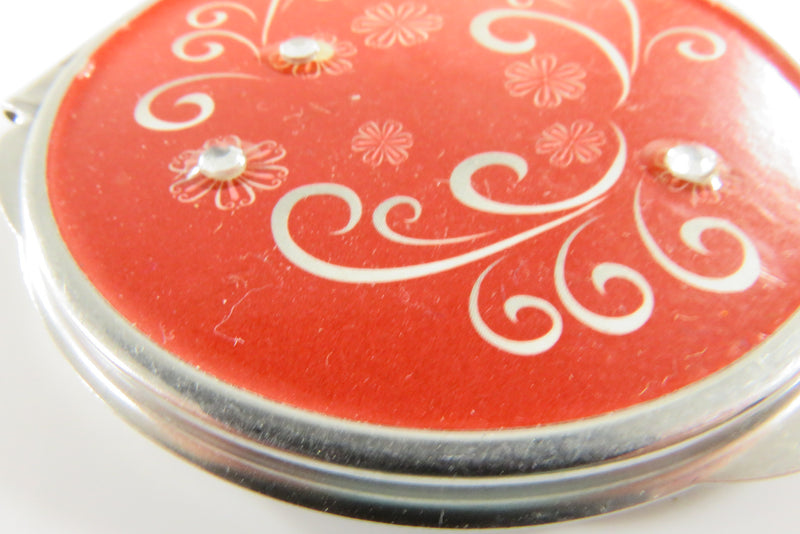 Vintage Bedazzled Red, Swirls, Silver Round Mirror Compact 2 3/8"