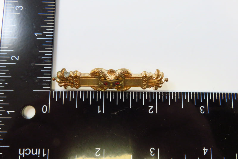 Rose Gold Gilded Brass Victorian Collar Bar Pin Brooch Red Garnet Glass Accented